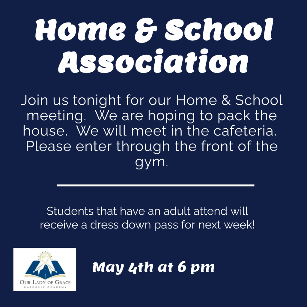 Join us tonight for our Home & School meeting at 6pm.  We are hoping to pack the house.  We will meet in the cafeteria.  Please enter through the front of the gym.