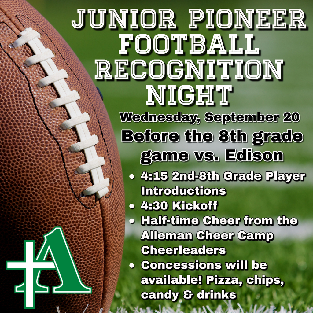 Come cheer on our Jr. Pioneers!  Wednesday, September 20th at 4:15pm at Alumni Field